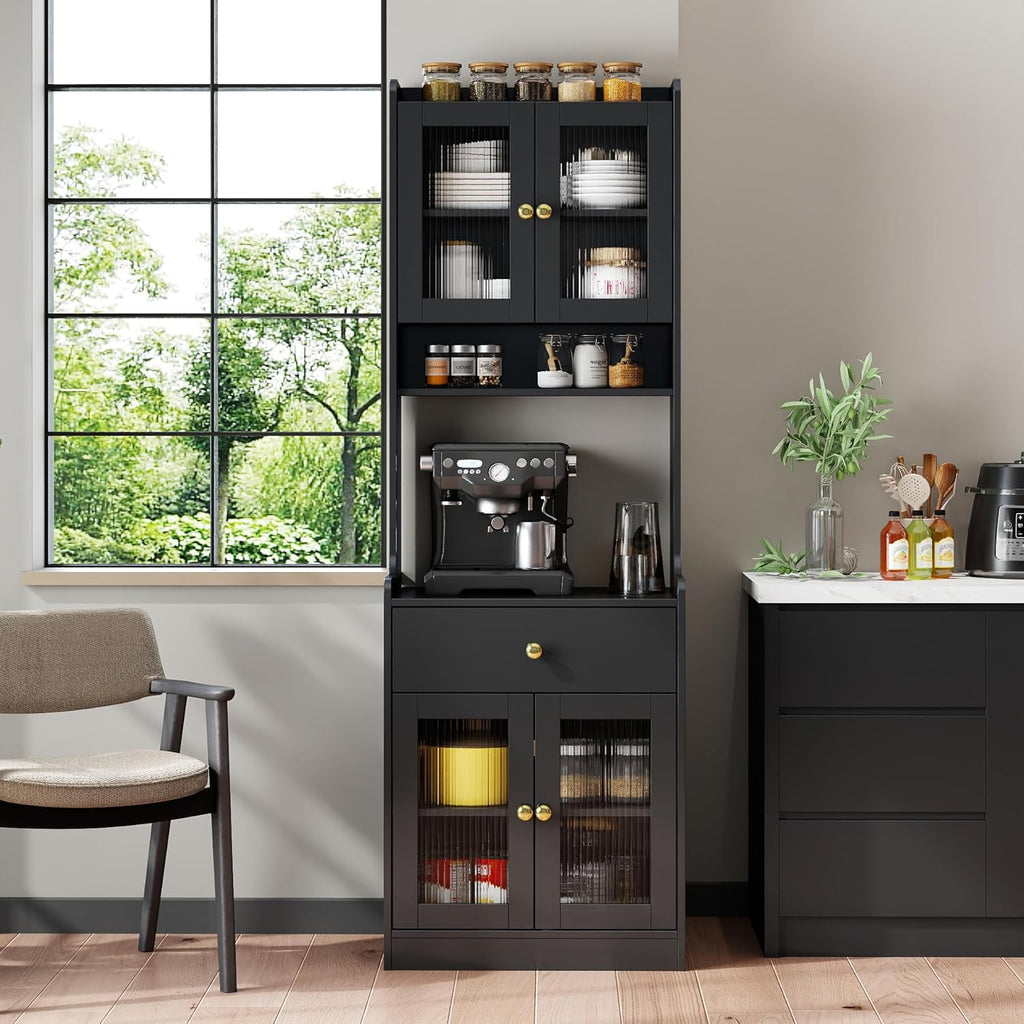 Black Tall Kitchen Pantry Storage Cabinet, Farmhouse Kitchen Hutch Buffet Cabinet with Microwave Stand & Drawer, Freestanding Coffee Bar Cupboard for Dining Room (Black)