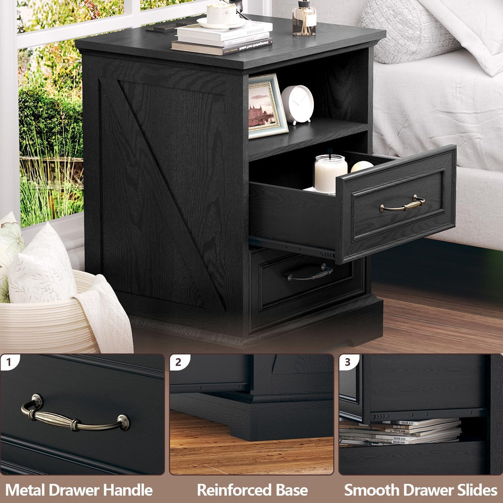 Nightstand with Charging Station,18" Wide End Table with 2 Large Drawers & Metal Handles,Rustic Farmhouse Wood Small Dresser,Bedside Table,Modern Chest of Drawers for Bedroom,Living Room,Black