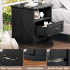 Nightstand with Charging Station,18" Wide End Table with 2 Large Drawers & Metal Handles,Rustic Farmhouse Wood Small Dresser,Bedside Table,Modern Chest of Drawers for Bedroom,Living Room,Black