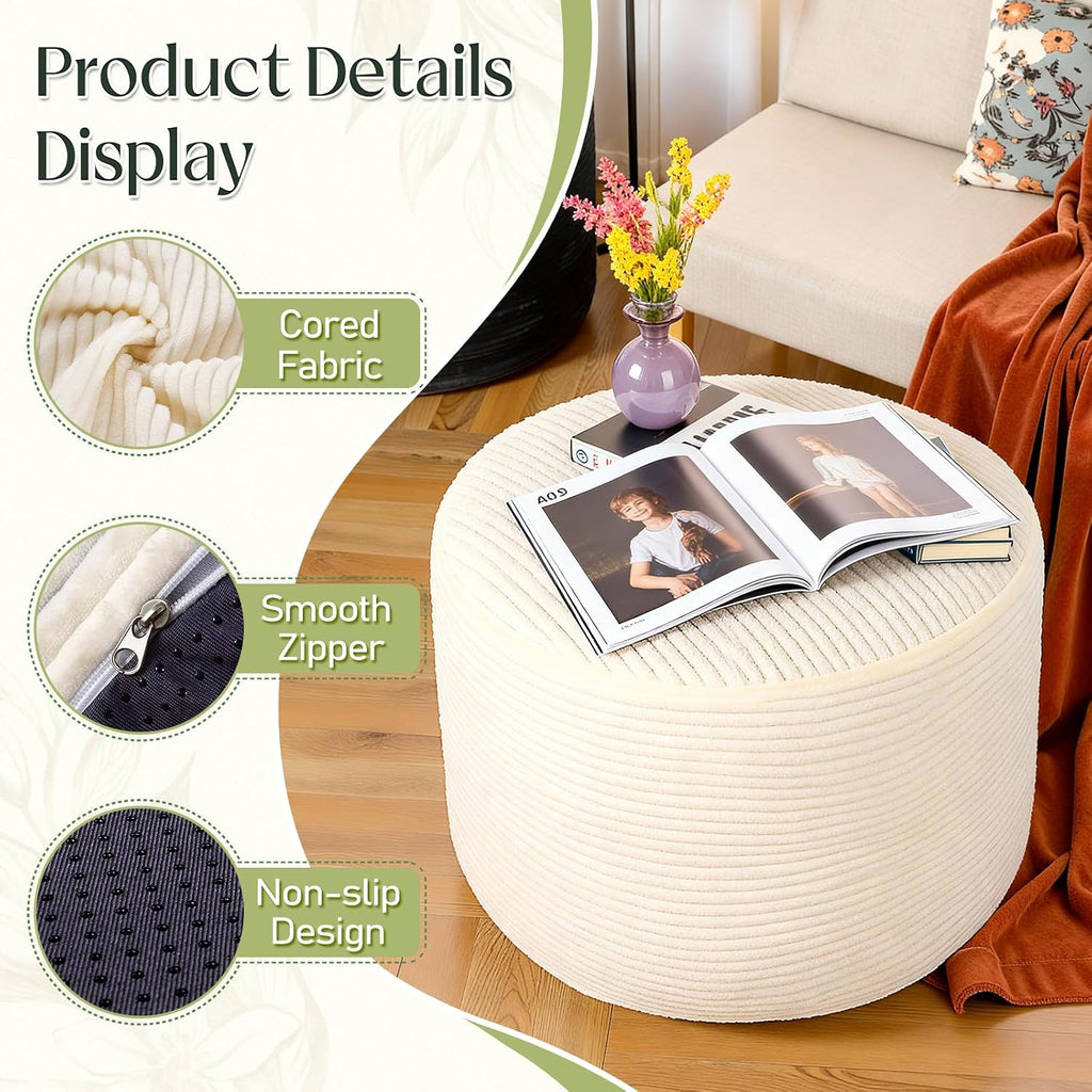 Round Corduroy Footstool Pouf for Couch | Soft plush shredded foam filled hassock stool. Perfect for living room use as foot rest or ottoman.