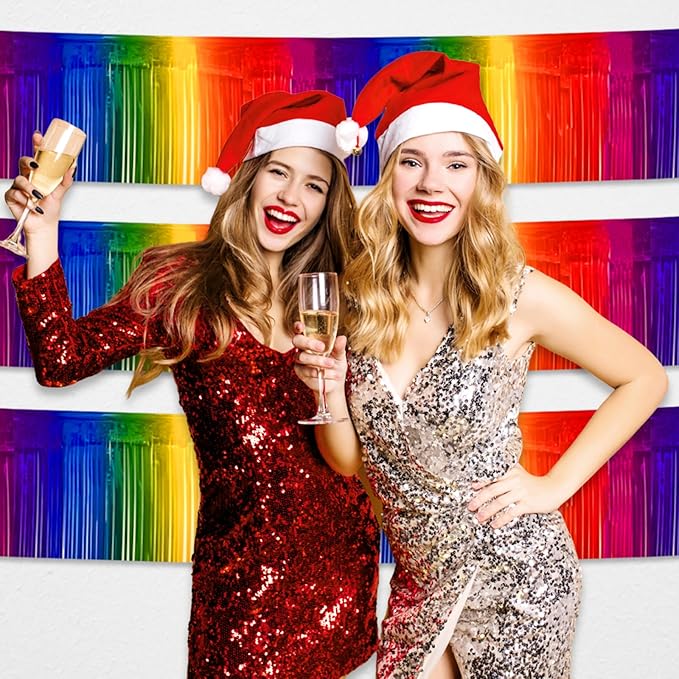 4 Pack 10 Feet Rainbow Foil Fringe Garland Metallic Tinsel Streamers Banner Wall Hanging Curtain Backdrop for Parade Floats, Wedding, Graduate, Mother's Day, Birthday Party Decoration