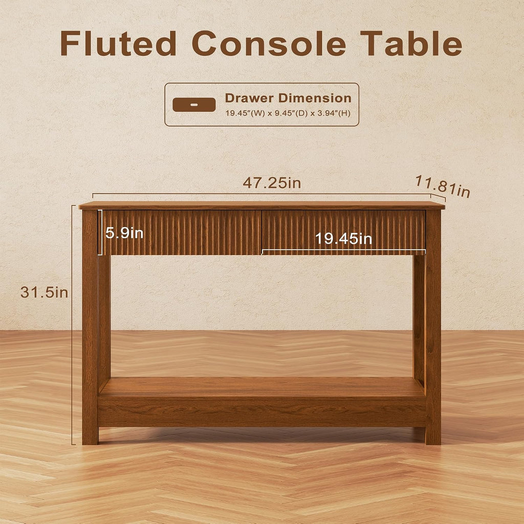 Fluted Entryway Table with 2 Drawers, 47" Console Table for Entryway, Wooden Table with Storage for Living Room, Foyer, Hallway, Office, Brwon