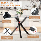 Round Dining Table Set for 4, 39" Glass Dining Table Set with Black Adjustable X-Shaped Metal Leg&4 Clear Acrylic Chairs with Chrome Legs, Small Space-Saving Table Set Ideal for Kitchen, Dining Room