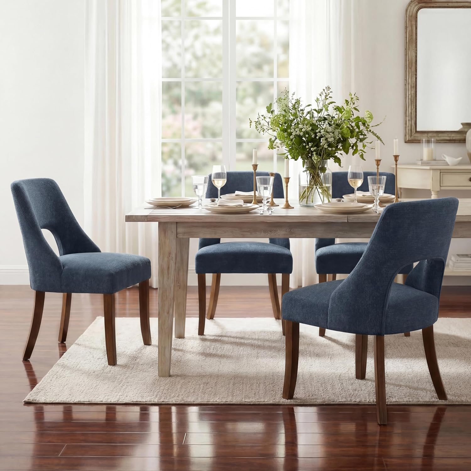 UVV Wooden Dining Chairs Set of 2, Mid Century Upholstered Dining Room Chair Kitchen Chairs, Chenille Dinner Chair with Solid Wood Legs for Kitchen Dining Room, Navy Blue