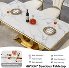 7-Piece Dining Table Set with 6 Beige Upholstered Chairs, 68" White Gold Faux Marble Kitchen Table Set for 6, U-Shape Pedestal Dining Room Table Set for 6, Modern Dining Table Set for 6