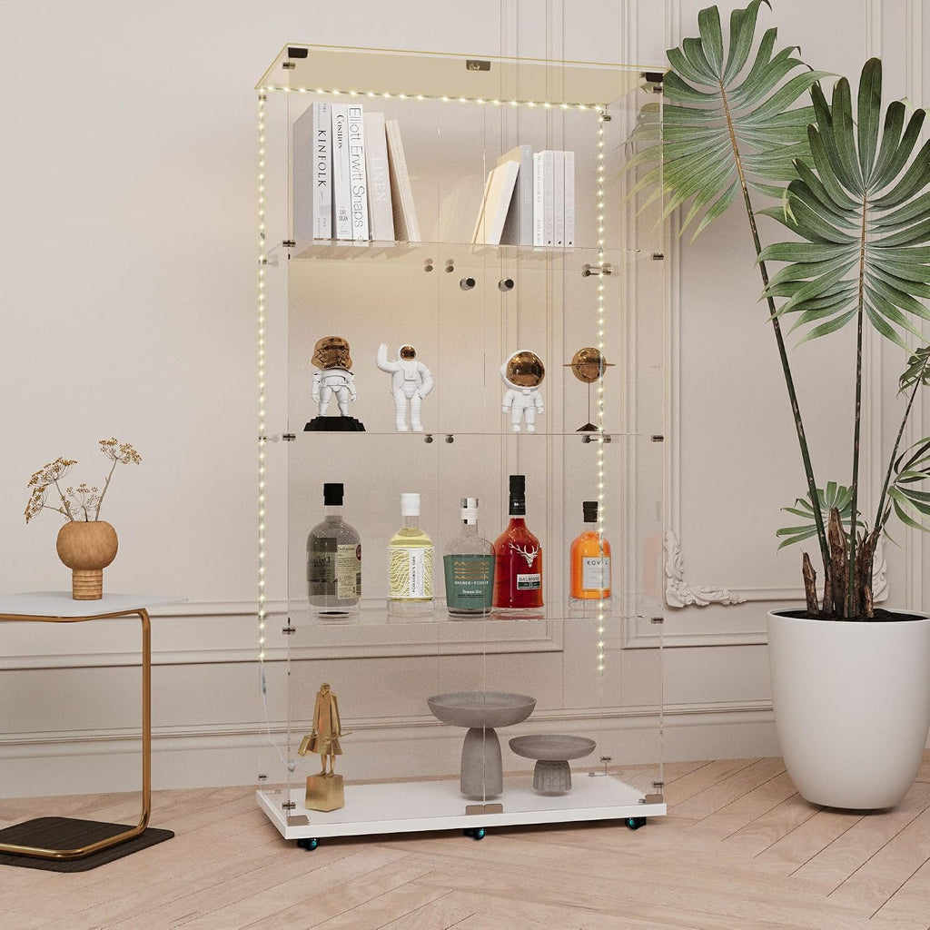 Glass Display Cabinet with LED Light Strip, 4 Shelves with 2 Doors, Glass Top Curio Storage Cabinets with Lock & Caster for Living Room,Floor Standing Bookshelf, Quick Installation - White