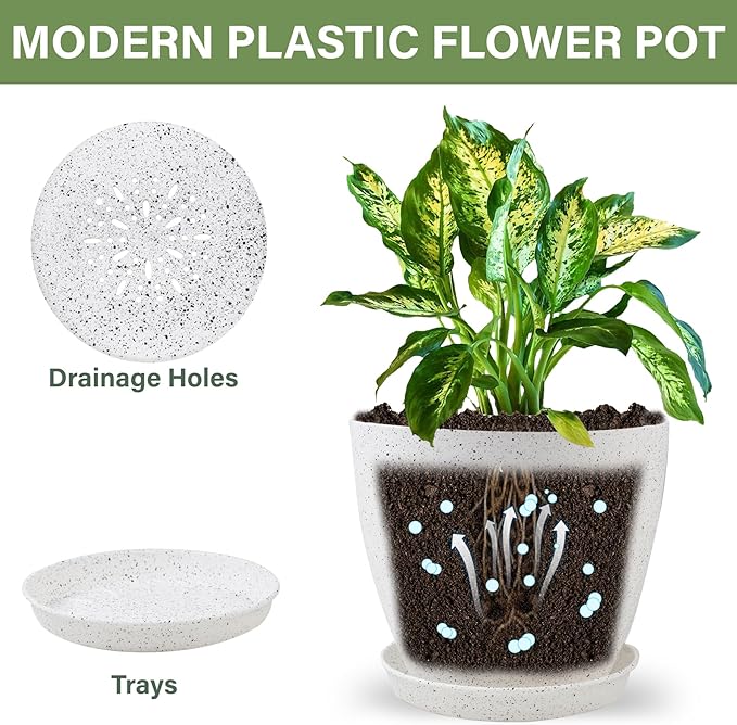 Plant Pots 8.5/7.5/6.5/6 inch, 4 Pack Pot for Flower Pots for Indoor Plants, Modern Decorative Plastic Planters with Drainage Holes and Saucers for House Plants Indoor Outdoor Flower Plants