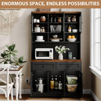 GarveeHome Pantry Cabinet with Charging Station, Tall Kitchen Pantry Storage Cabinet with Hutch,70.8 Inch Kitchen Cabinet with 30mm Thickened Countertop, Fluted Glass Doors, for Dining Room, Balck
