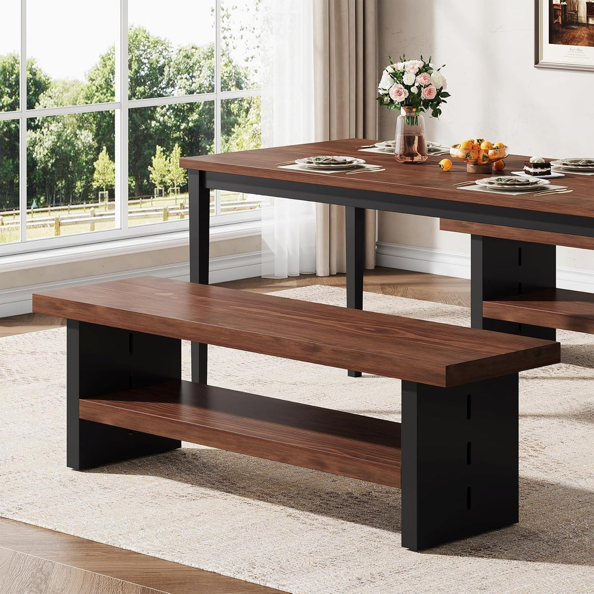 47" Solid Wood Entryway Bench with Shoe Storage, 2-Tier Modern Farmhouse Hallway Bench with Open Shelf for Bedroom, Dining Room, Mudroom, Easy Assembly, Dark Walnut & Black