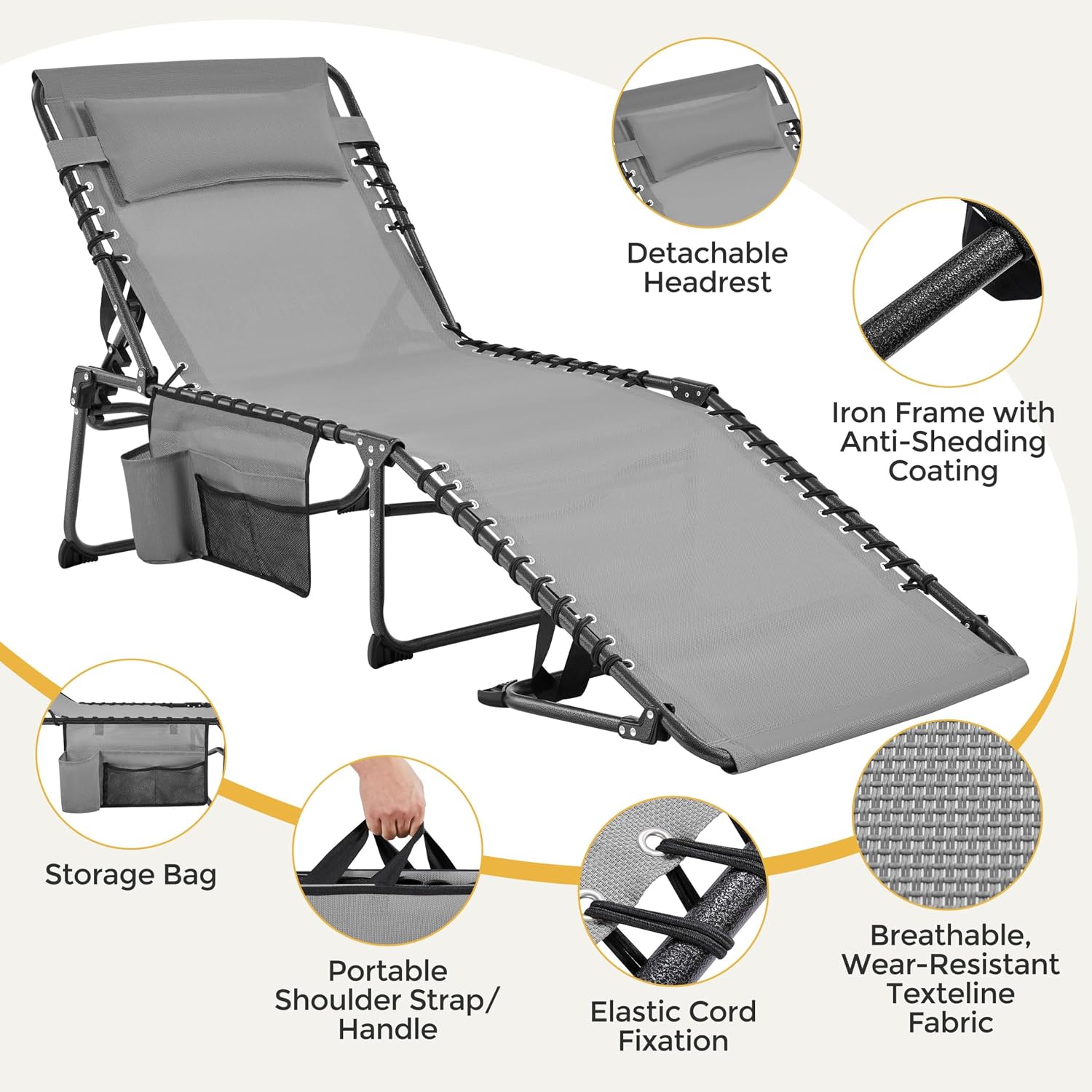 Yaheetech 26.4" Outdoor Folding Tanning Chair 5-Position Adjustable, Gray | Waterproof Texteline Fabric, 300lb Weight Capacity, Side Storage Pocket for Beach Patio Backyard Outdoor Use