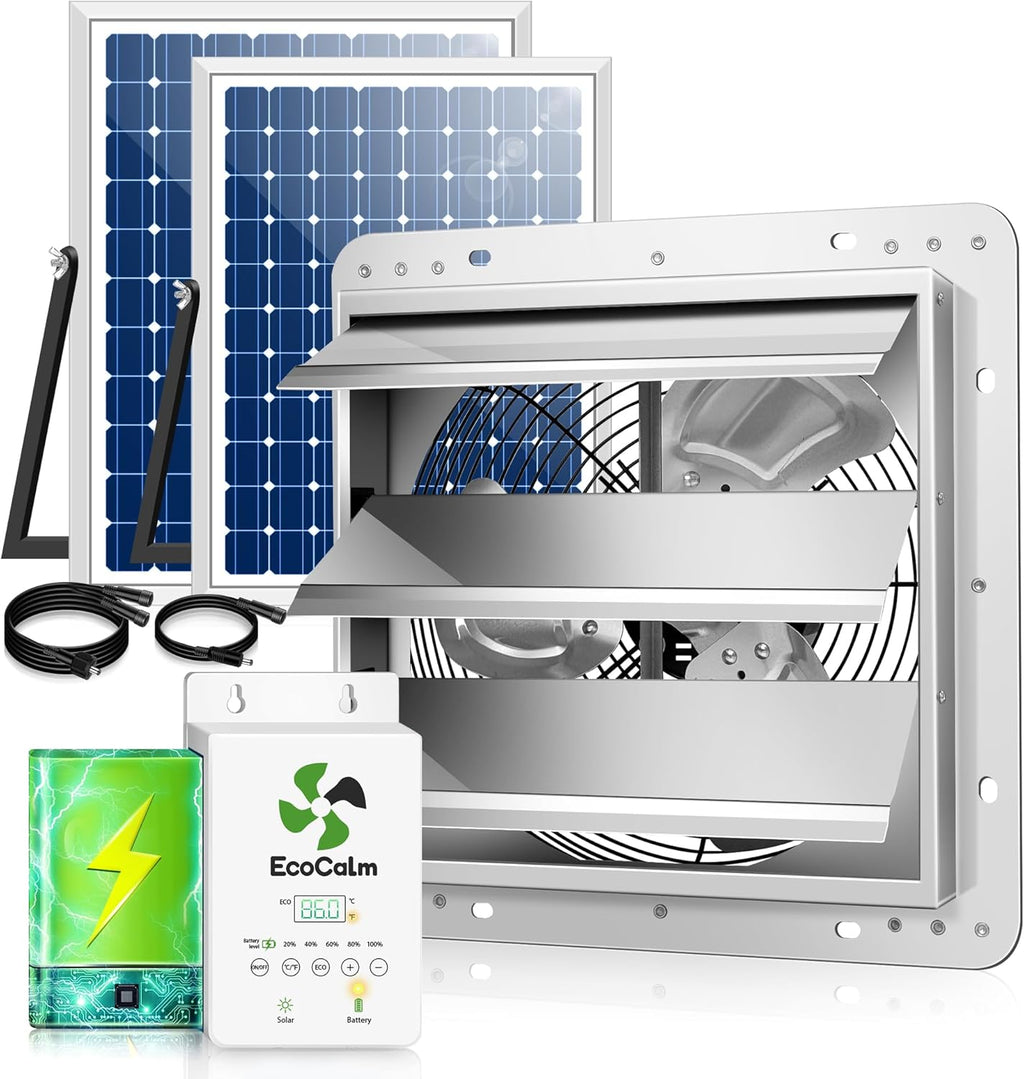 12" Solar Exhaust Fan for Greenhouse with Battery and Adjustable Thermostat, Attic Fans for Garage and Shed with 2PCS 30W Bifacial Solar Panels