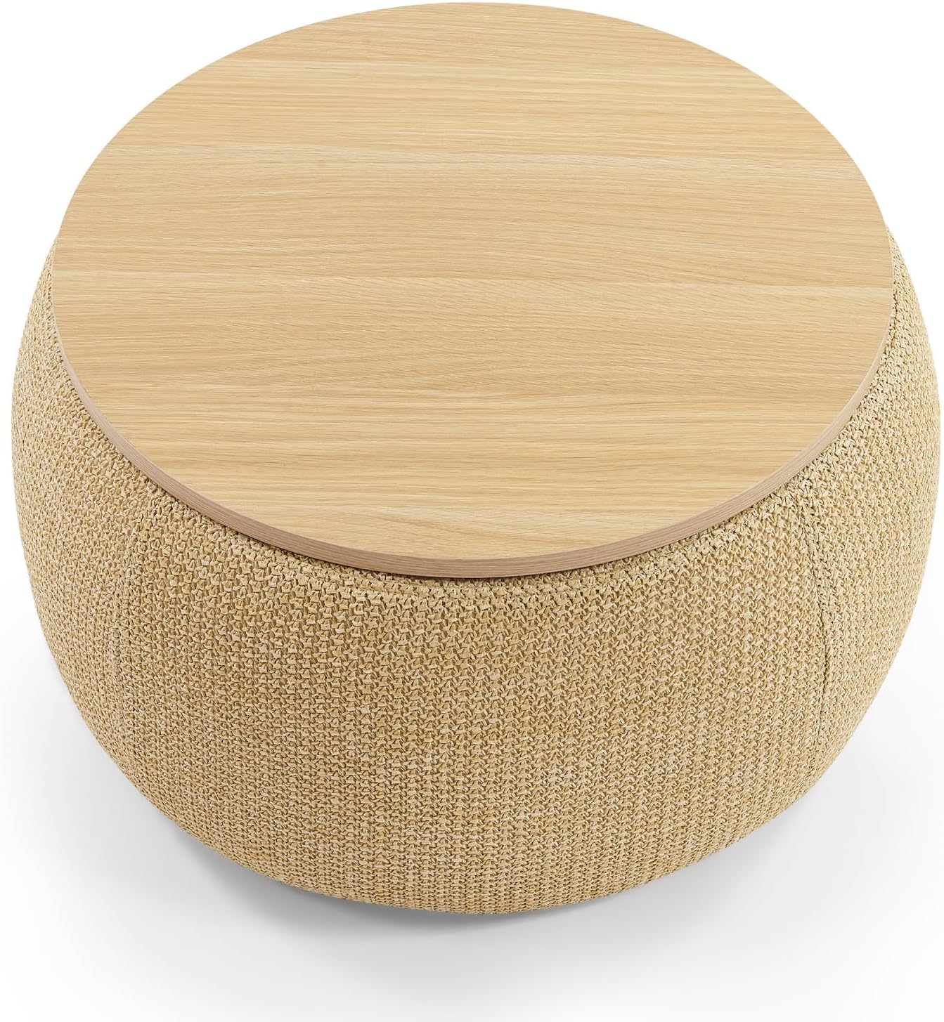 Round Storage Ottoman, 2 in 1 Function, Work as End Table and Ottoman, Natural (25.5"x25.5"x14.5")