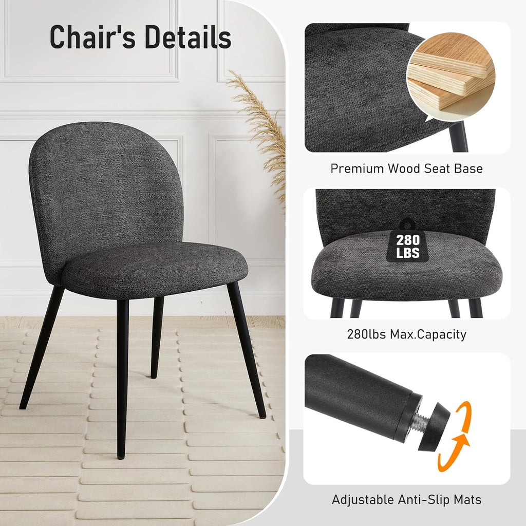 Dining Chairs Set of 2, Upholstered Chenille Dining Room Chairs with Black Metal Legs, Modern Armless Kitchen Chairs with Curved Backrest for Dining Room Kitchen Living Room, Black
