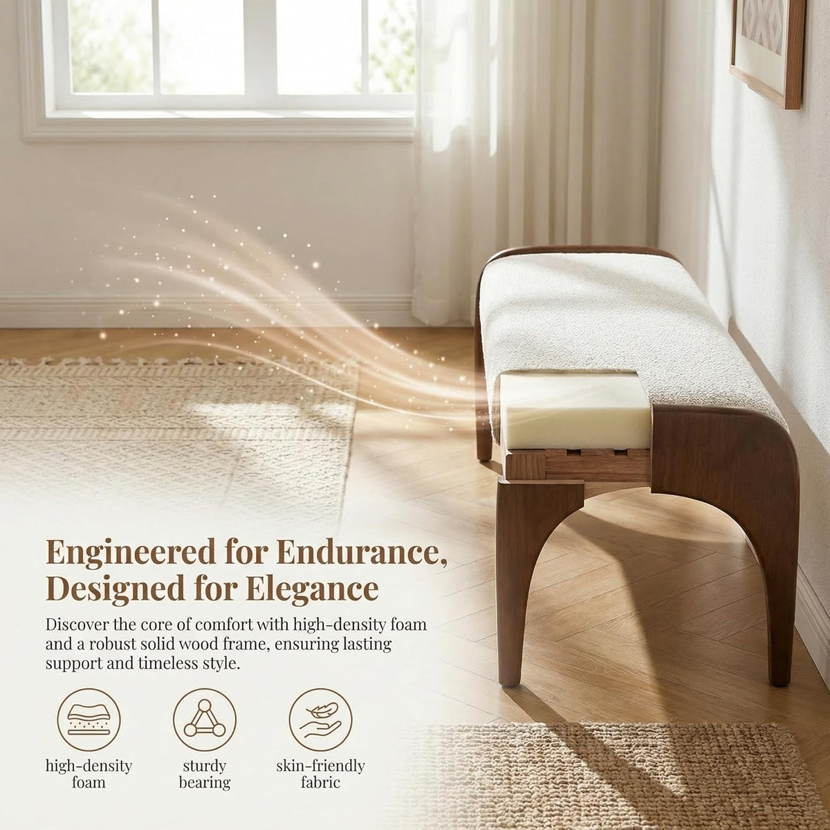 LukeAlon 51-Inch Extra Long Upholstered Bench with Cute Solid Walnut Rubber Wood Legs, Minimalist Bed End Bench for Bedroom, Living Room, Dining Table, Entryway Hallway Seat, Fur Fabric in Beige