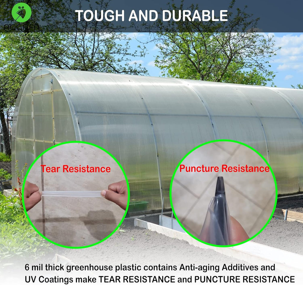 6 mil (12ft x 25ft) 100% Virgin Material. 5Layers Advanced Extrusion Technology for UV Protection, Anti-drip, Anti-Fog, Thermal and Strength. 4Years Lifetime UV Resistant Greenhouse Plastic