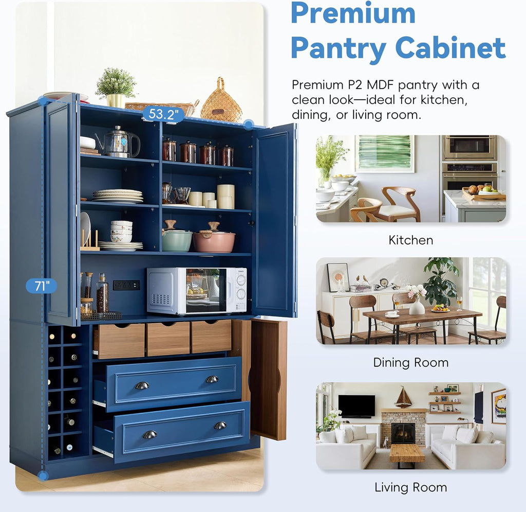VilroCaz Farmhouse 71''H Wood Large Kitchen Pantry, 53.2''Lx17.7''W Dining Storage Cabinet Cupboard with 4 Foldable Doors, Power Outlet, Shelves, Wine Racks and Serving Trays (Blue-4 Fold)