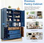 71" Tall Kitchen Pantry Storage Cabinet with 4 Foldable Doors, Freestanding Large Cupboard with Power Outlet, Adjustable Shelves and Wine Racks for Dining Room, Kitchen, Blue
