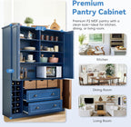 Farmhouse 71''H Large Kitchen Pantry,Deepen Dining Storage Cupboard with 4 Foldable Doors,Power Outlet, Shelves, Wine Racks and Serving Trays (Blue/FD)