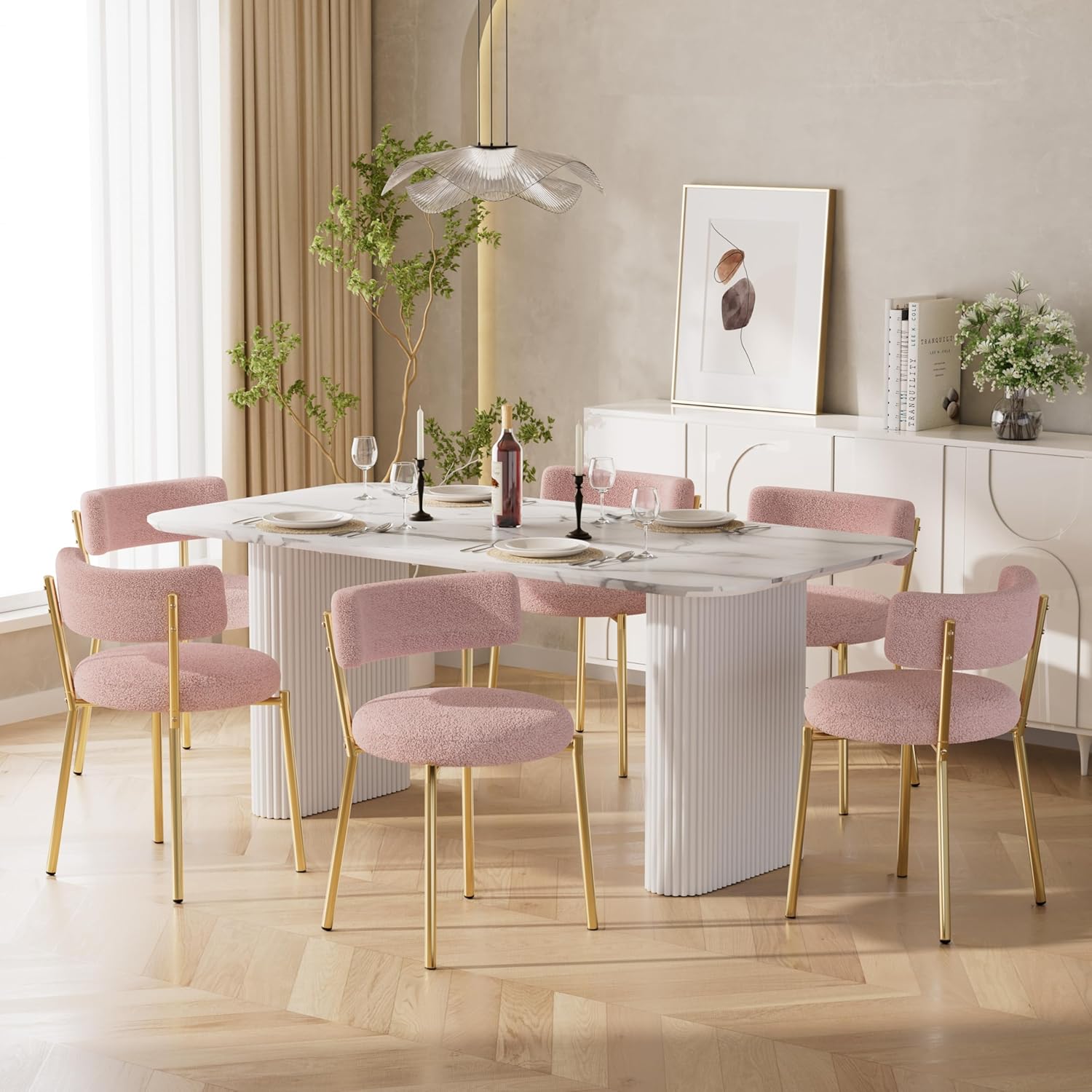 Boucle Dining Chairs Set of 2, Modern Round Upholstered Dining Chairs, Curved Backrest Kitchen Dining Room Chairs, Mid-Century Pink Dining Chair with Golden Metal Legs