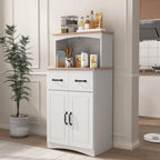 Modern White Wooden Kitchen Pantry Cabinet with Microwave Stand, Storage Drawer & Adjustable Shelf – Space-Saving Organizer for Small Kitchens