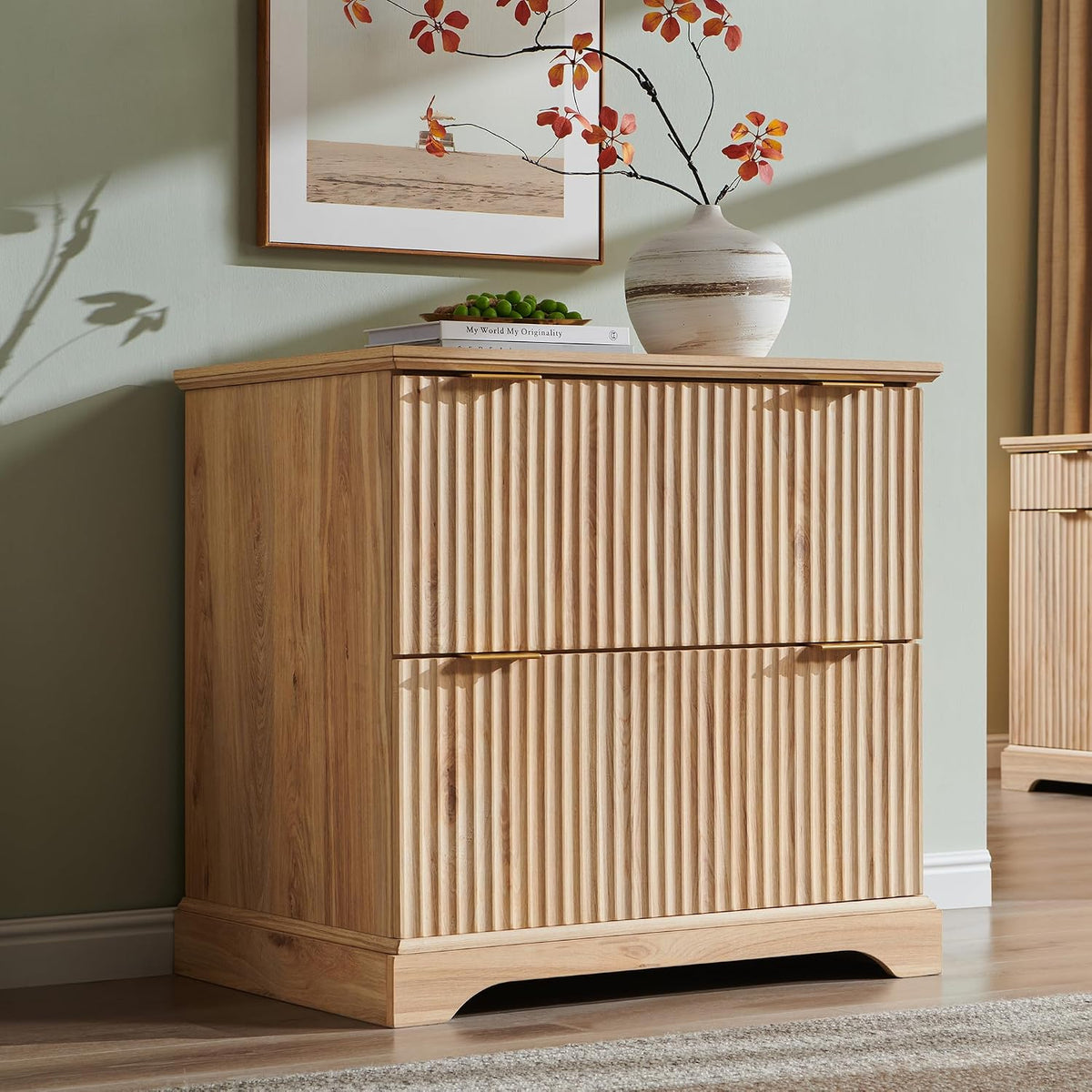 30"File Cabinet W/Charging Station, w/Files Hanging Rod for Letter/Legal/A4 | 2 Drawer File Cabinet, Large Tabletop for Printer, Office Wood Printer Cabinets, Oak