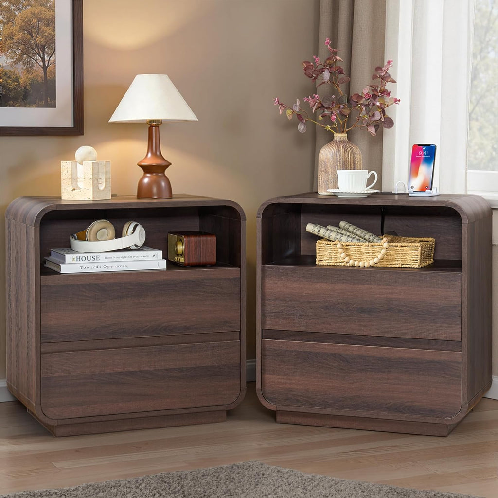 Standifurno Modern Nightstand Set of 2, 23.2" Wide Wood Bedside Table with Charging Station, 2 Storage Drawers Side Table Curved Profile, Handleless, Large End Table Night Stand for Bedroom, Walnut