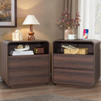 Standifurno Modern Nightstand Set of 2, 23.2" Wide Wood Bedside Table with Charging Station, 2 Storage Drawers Side Table Curved Profile, Handleless, Large End Table Night Stand for Bedroom, Walnut