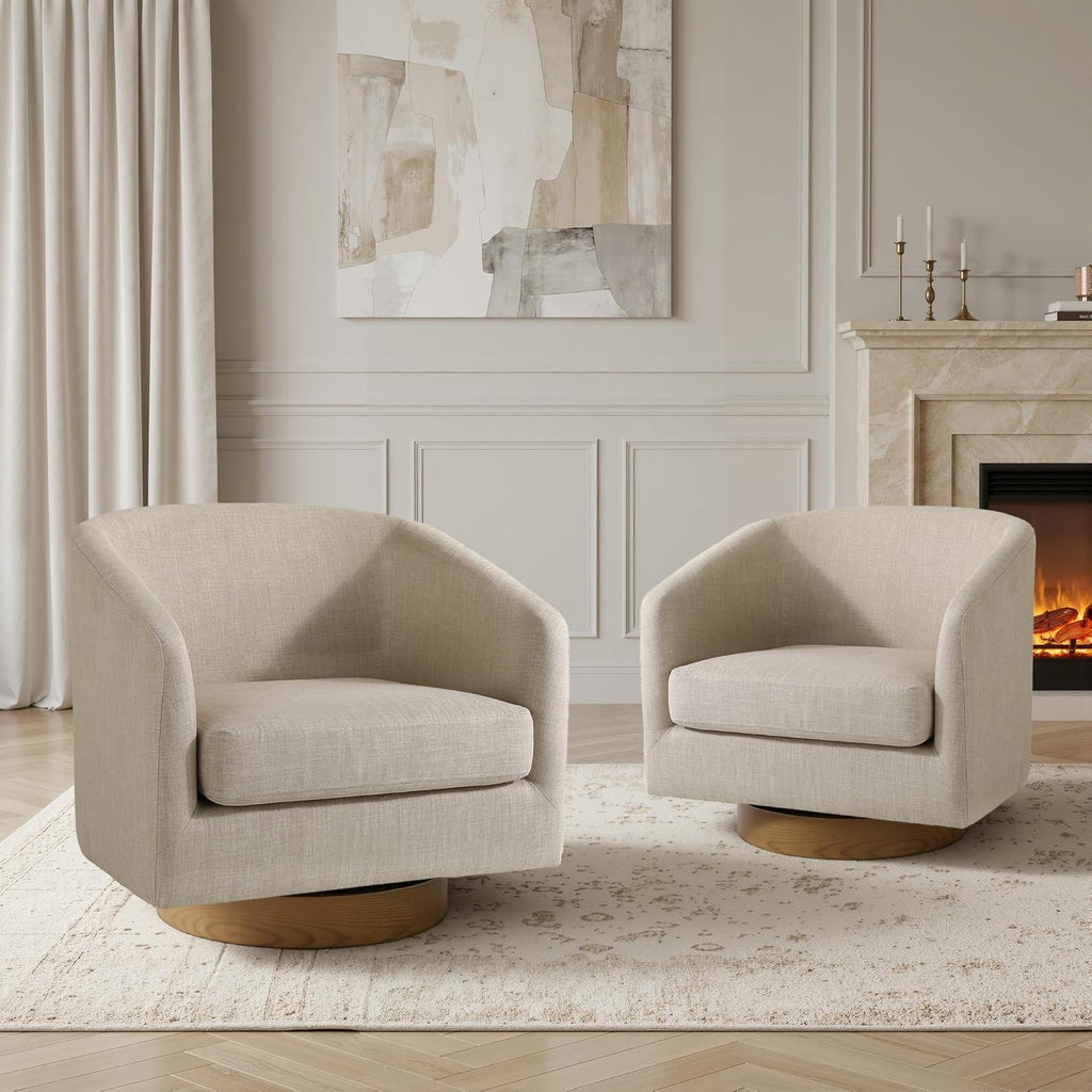 Swivel Barrel Accent Chairs Set of 2, Fabric Upholstered Armchair for Living Room, Comfy Bedroom Reading Seat, Light Brown