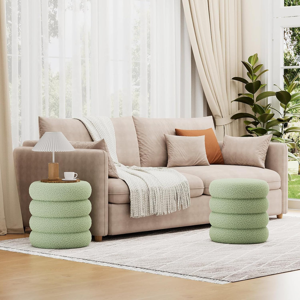 Soft Teddy Round Ottoman with Tray, 17.5 Inches Ottoman Coffee Table with Storage for Living Room, Vanity Stool with Storage Bedroom, Load up to 300 lb, No Assembly Required (Green)