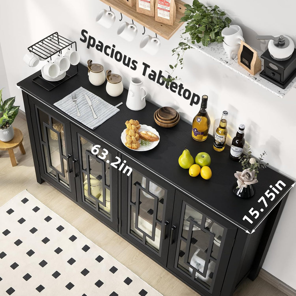 Joaxswe Large Sideboard Buffet Cabinet with Storage, 63" Farmhouse Credenza with 4 Glass Doors, Adjustable Shelves Console Table, Wood Kitchen Coffee Bar for Dining Room, Living Room, Black