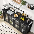 Joaxswe Large Sideboard Buffet Cabinet with Storage, 63" Farmhouse Credenza with 4 Glass Doors, Adjustable Shelves Console Table, Wood Kitchen Coffee Bar for Dining Room, Living Room, Black