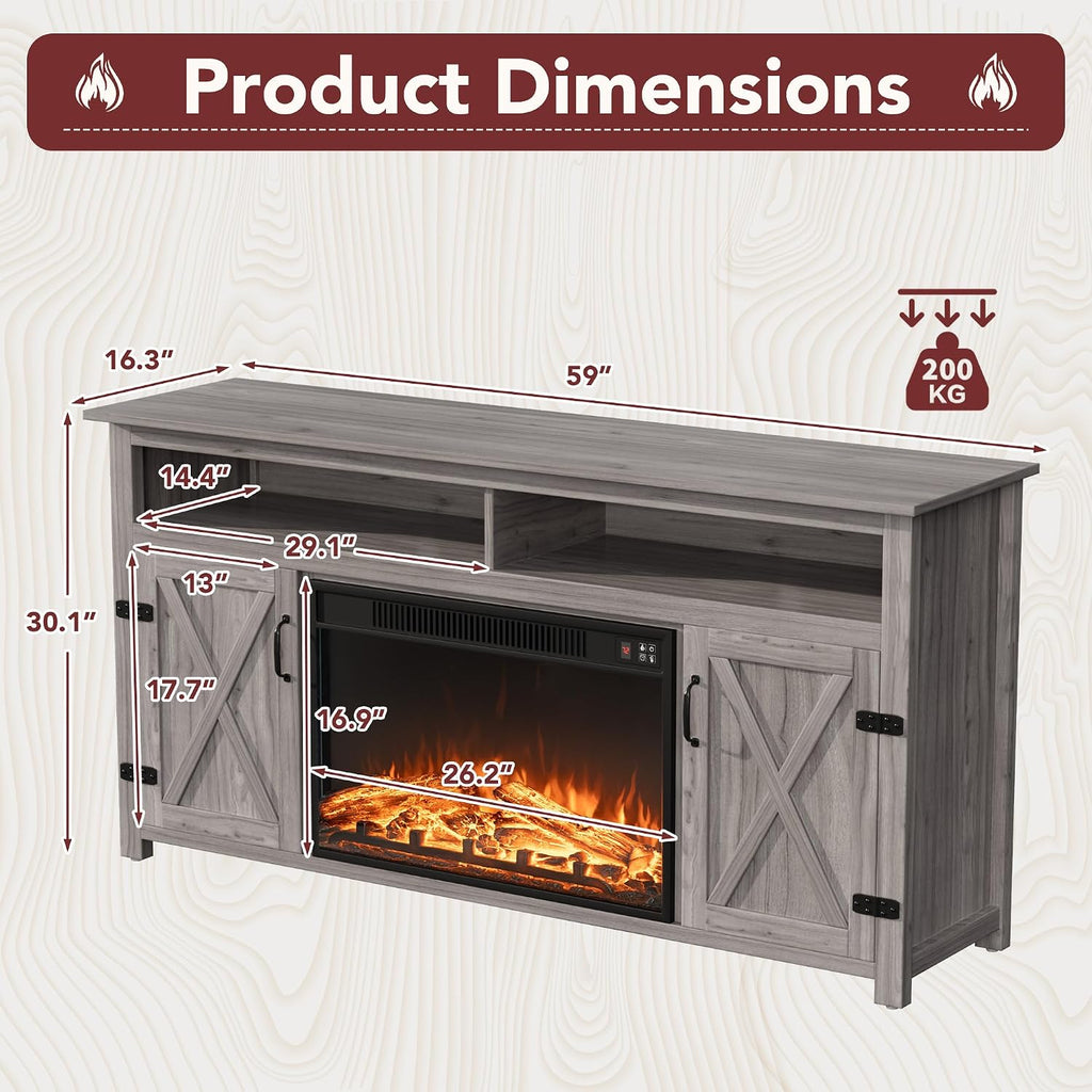 JUMMICO Fireplace TV Stand for TVs Up to 65+ Inch with 26" Fireplace(Grey) | Open Storage Shelves and Side Cabinets, Entertainment Center with Barn Doors, Media TV Console for Living Room