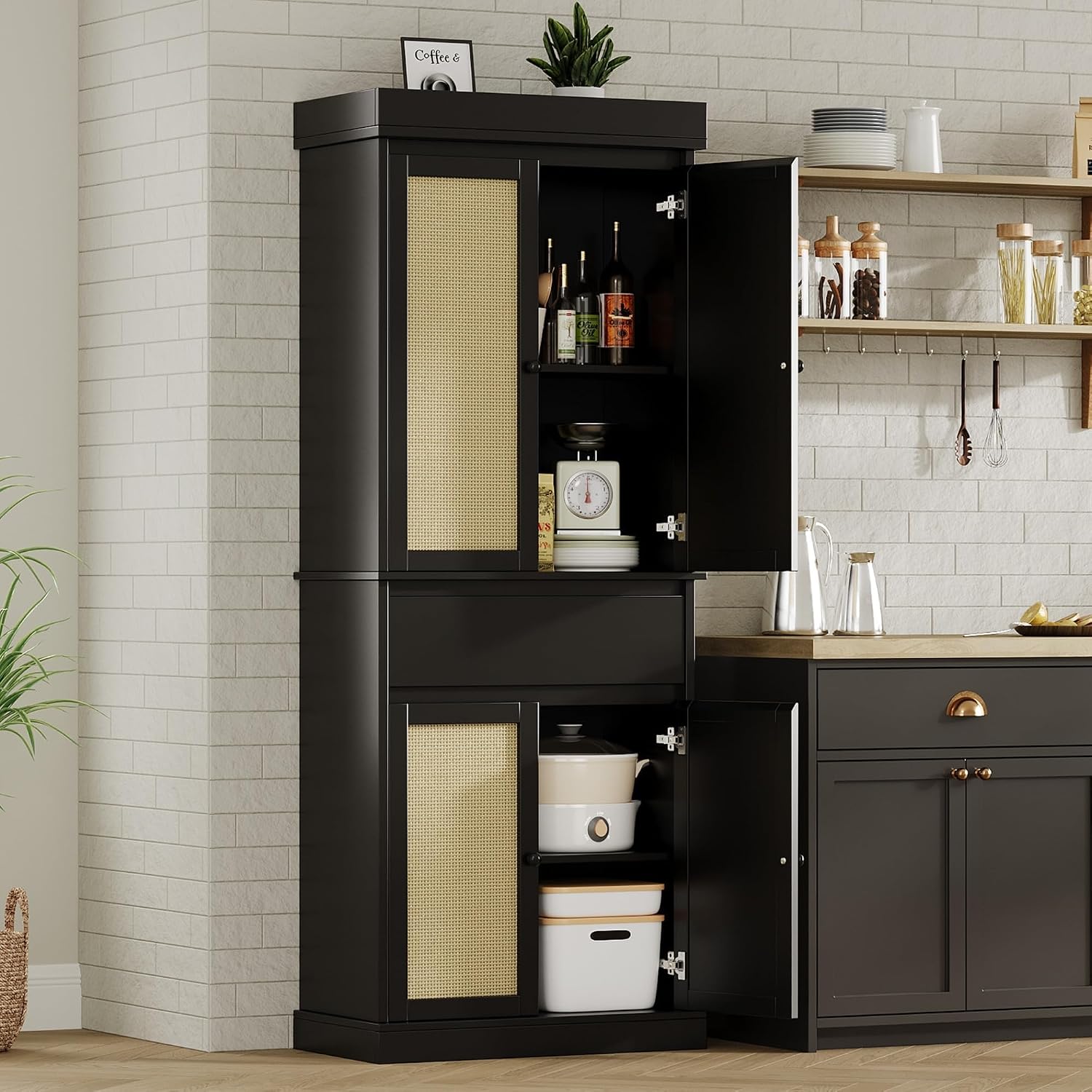 Tall Kitchen Pantry Cabinet with Rattan Doors, Adjustable Shelves & Drawer, Freestanding Storage Cupboard for Bathroom, Dining Room & Living Room（New Black）