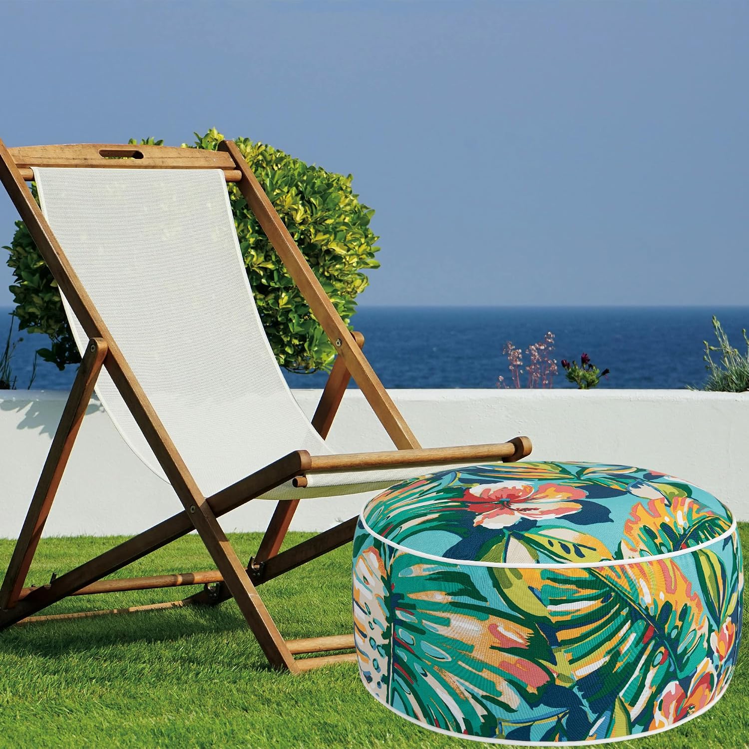 FUNHOME Inflatable Stool Ottoman Footrest with Handle, All Weather Footrest Seat D20 xH9, Water Repellent Footstool Pouf for Home Patio Garden and Camping Use-Rosario Flower Leaf