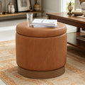 19" Round Swivel Storage Ottoman with Tray Top, Upholstered Faux Leather Foot Stool with Solid Acacia Wood Base 500 lbs Modern Accent Footrest for Living Room & Bedroom Fully Assembled Brown