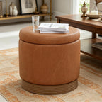 19" Round Swivel Storage Ottoman with Tray Top, Upholstered Faux Leather Foot Stool with Solid Acacia Wood Base 500 lbs Modern Accent Footrest for Living Room & Bedroom Fully Assembled Brown