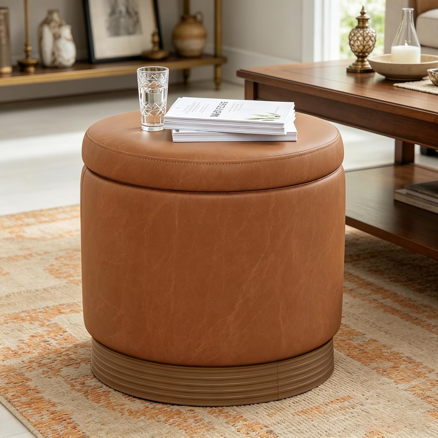 19" Round Swivel Storage Ottoman with Tray Top, Upholstered Faux Leather Foot Stool with Solid Acacia Wood Base 500 lbs Modern Accent Footrest for Living Room & Bedroom Fully Assembled Brown
