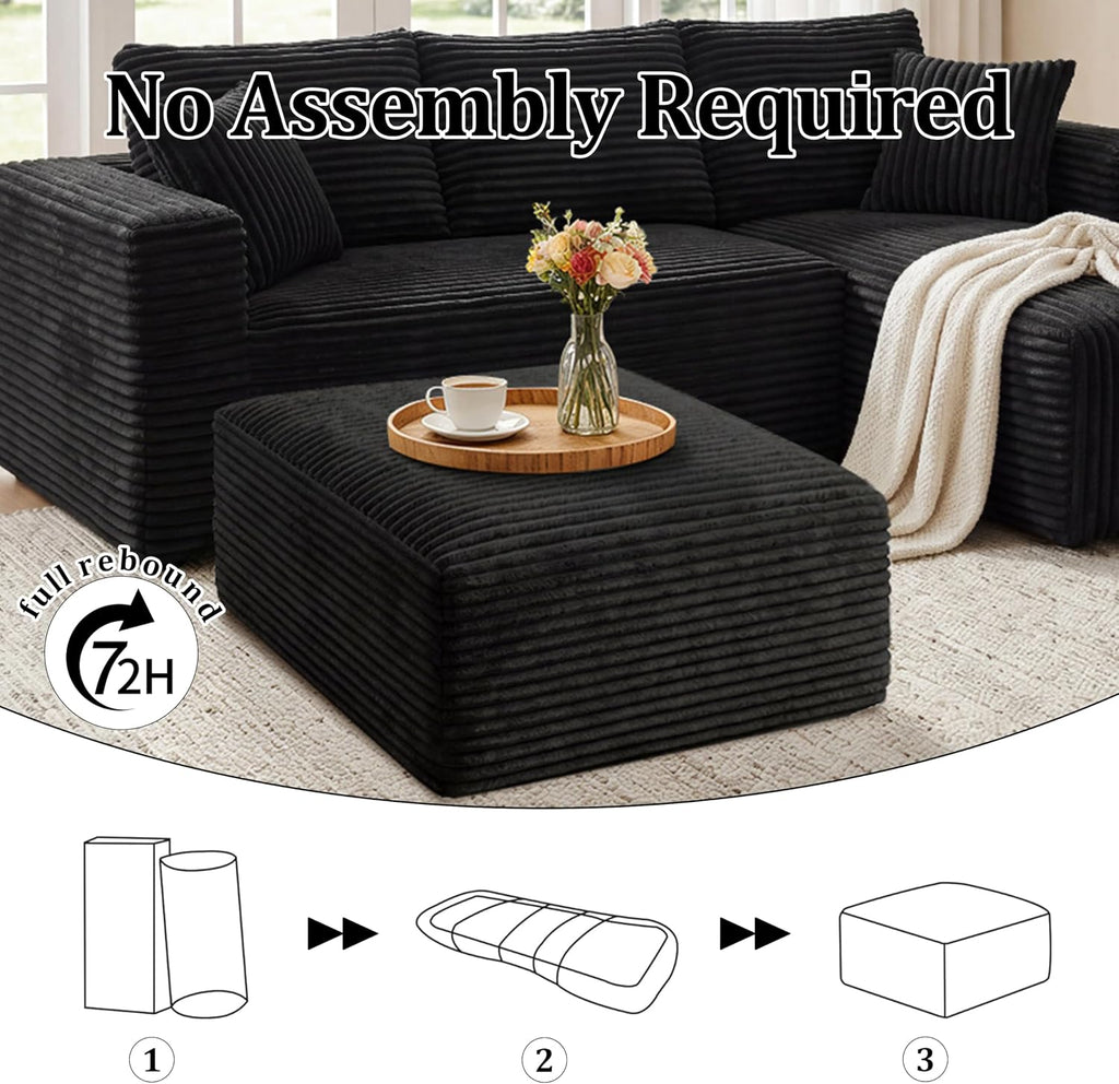 Ottoman, Modern Corduroy Cloud Foot Rest Foam Support, Oversized Modular Sectional Sofa Stool for Living Room, Bedroom & Small Spaces, No Assembly Required (Black, Ottoman)