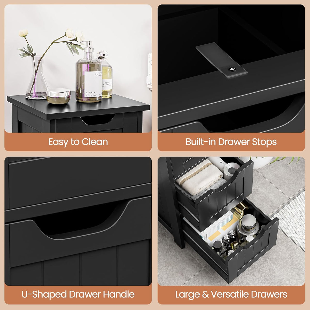 Bathroom Floor Storage Cabinet, Freestanding Wooden Side Organizer w/4 Drawers & Anti-Tip Kit for Bathroom Living Room Hallway Office Study, Black