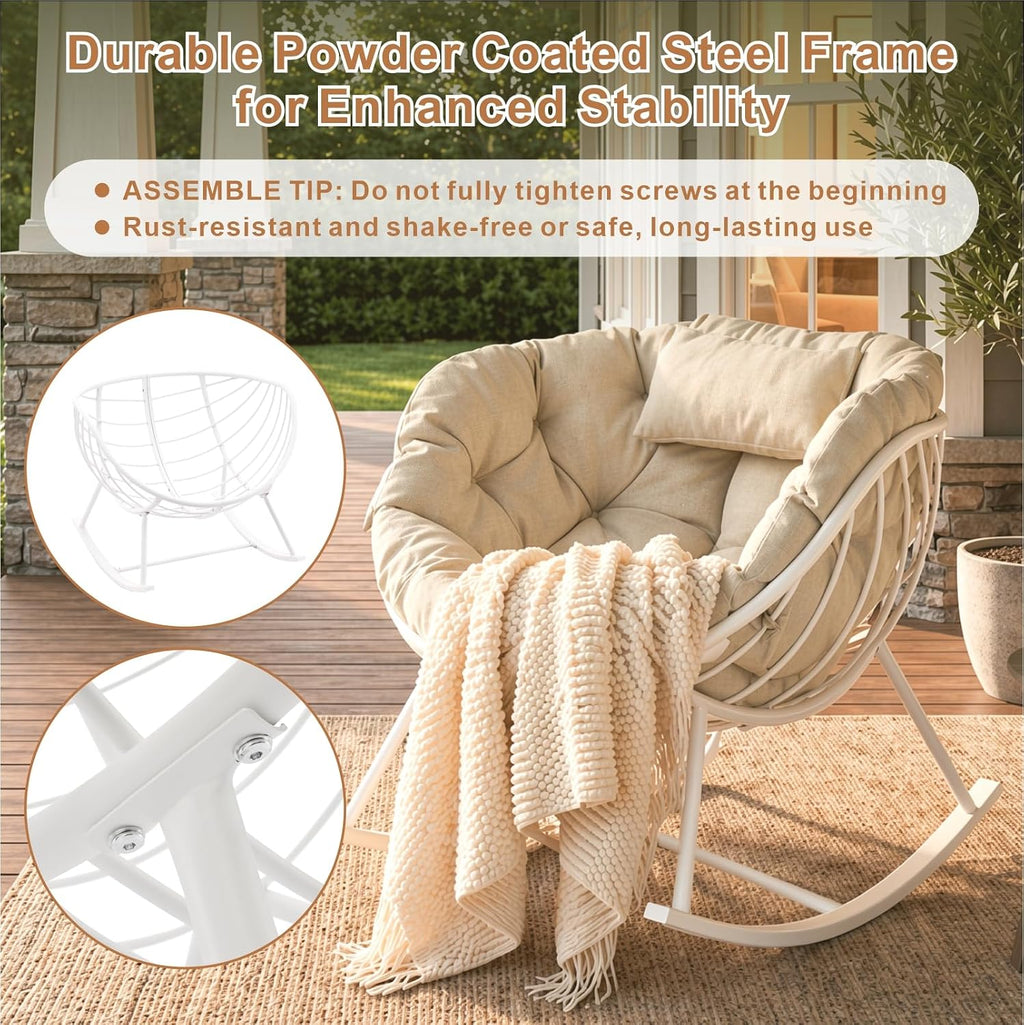 Oversized Outdoor Rocking Chair, Patio Papasan Egg Chair, Rocker Reading Lounge with Thick Cushion, Comfy Indoor Rocker Chair for Bedroom, Living Room, Porch, Poolside