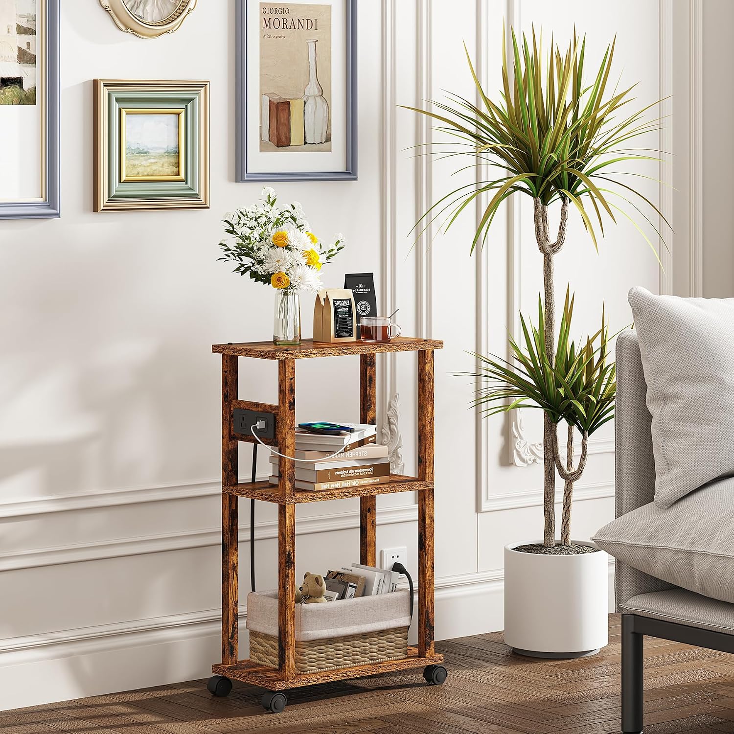 TUTOTAK Small Narrow Side Table with Charging Station, Skinny End Table for Small Spaces, Slim Nightstand with USB Ports and Outlet, Sofa Beside Table with Wheels, Rustic Brown TB01BB047C