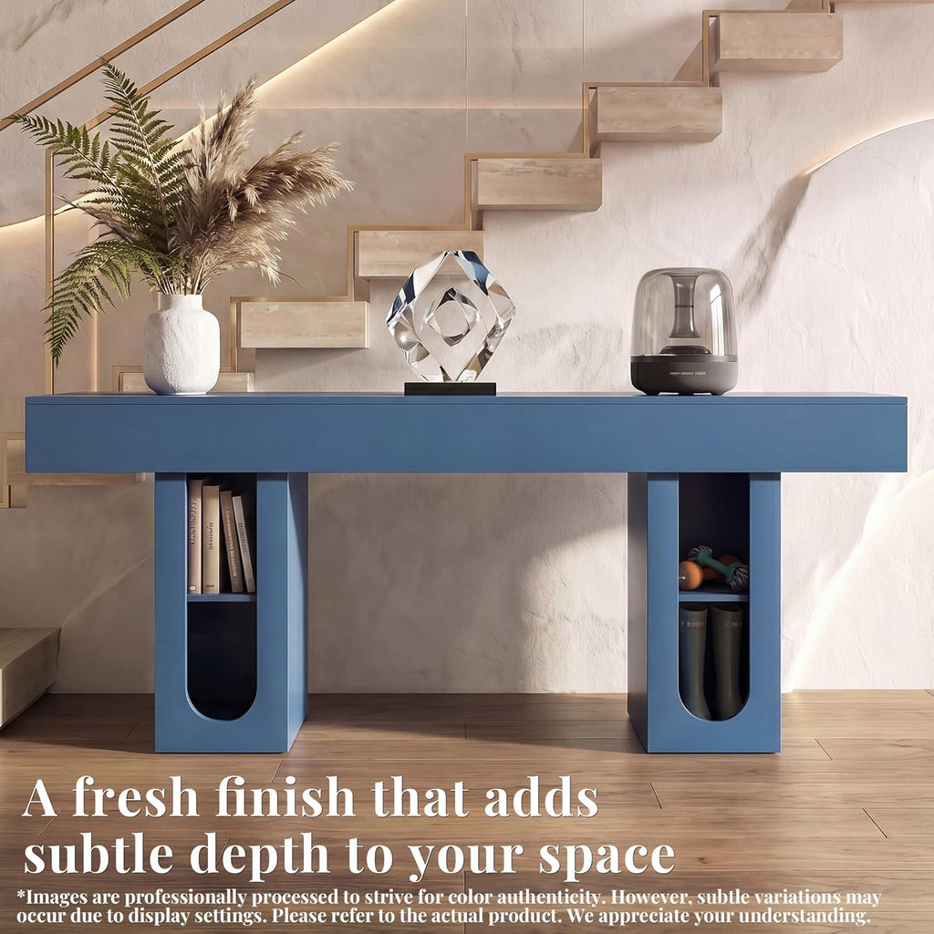 63" Entryway Console Table with Outlets & Storage-Blue | 5.9" Thick Top,Zero Wobble,Behind Couch,Charging Station,Anti-Tip,Modern Farmhouse,Dense MDF,Living Room,Hallway,Wood Grain