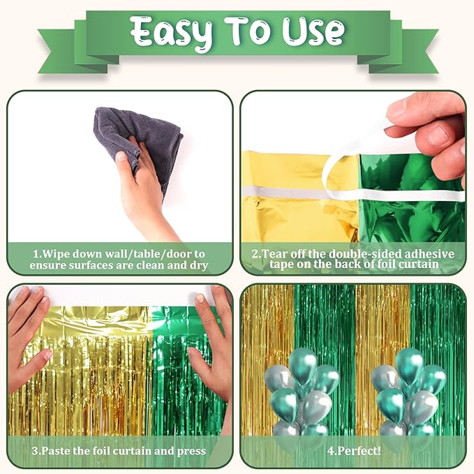 2 Pack Green and Gold Foil Fringe Backdrop Curtains, Tinsel Streamers Party Decorations, Fringe Backdrop, Door Shimmer for Graduation or Birthday Party