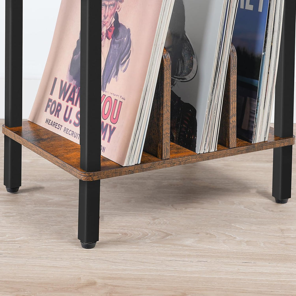 HOOBRO Small End Table, 2-Tier Record Player Stand Vinyl Record Turntable Stand with Storage up to 100 Albums, Small Side Table for Living Room, Bedroom Rustic Brown, FG05RS01