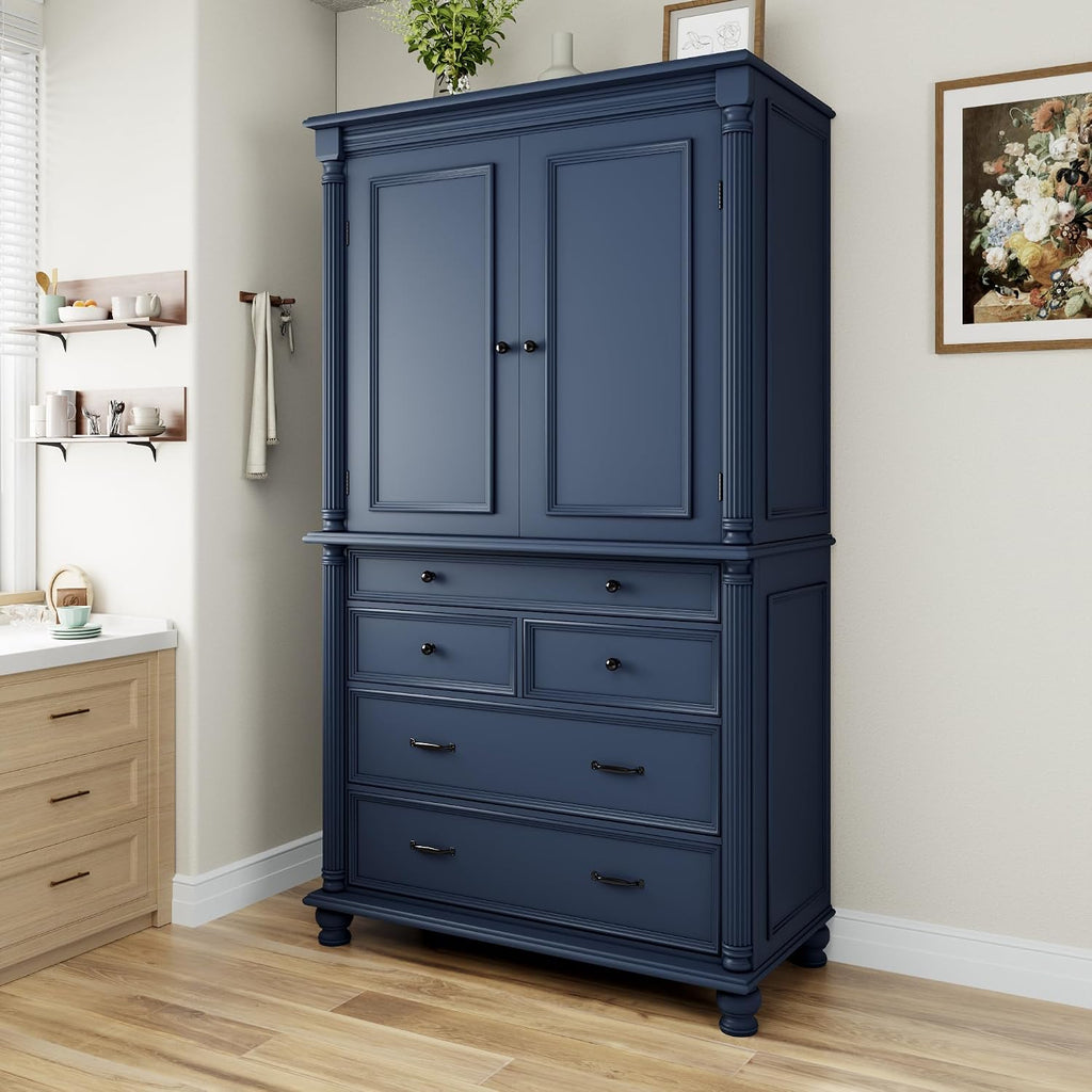 Freestanding Large Kitchen Pantry,Tall Storage Cabinet Cupboard with 6 Door Shelves, 2 Adjustable Shelves and 5 Drawers,for Dining Room Living Room (Blue-g)