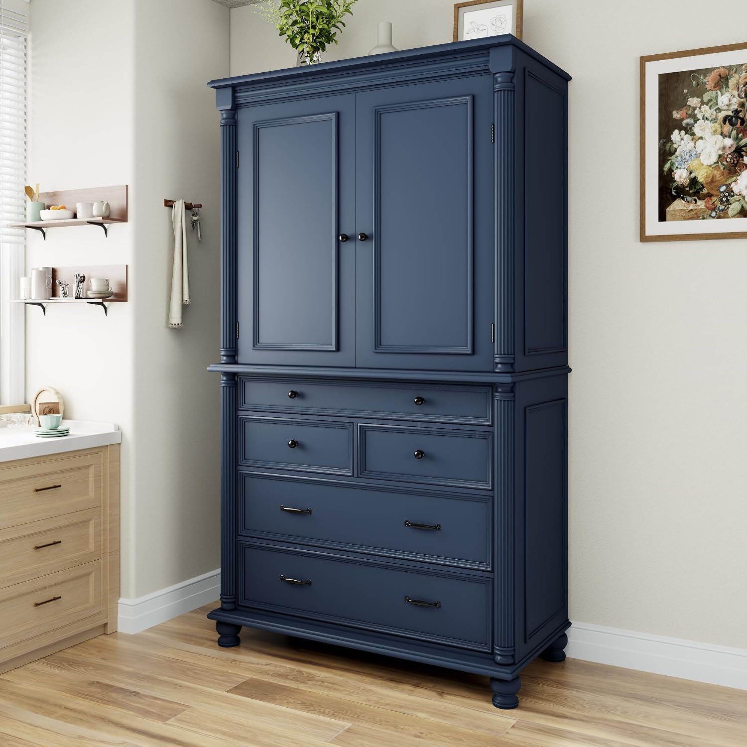 Freestanding Large Kitchen Pantry,Tall Storage Cabinet Cupboard with 6 Door Shelves, 2 Adjustable Shelves and 5 Drawers,for Dining Room Living Room (Blue-g)