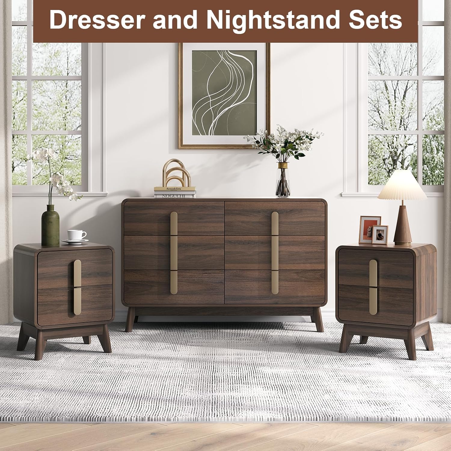 JOINICE Mid Century Modern Night Stand Set of 2 for Bedroom, Walnut