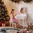 Arlopu Kids Vanity Table and Chair Set, 2 in 1 Girls Makeup Dressing Desk | with Detachable Large Mirror and Stool, Drawers, Shelves, Princess Wooden Pretend Play Toys for Little Girls (White)
