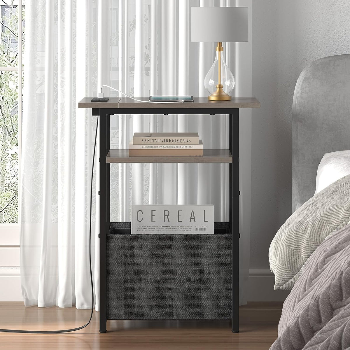 sthmec Narrow Side Table with Charging Station Set of 2, Small End Table for Small Spaces, Skinny Nightstands Set 2 with Storage Basket, 3 Tier Sofa Bedside Tables for Living Room,Bedroom, Grey