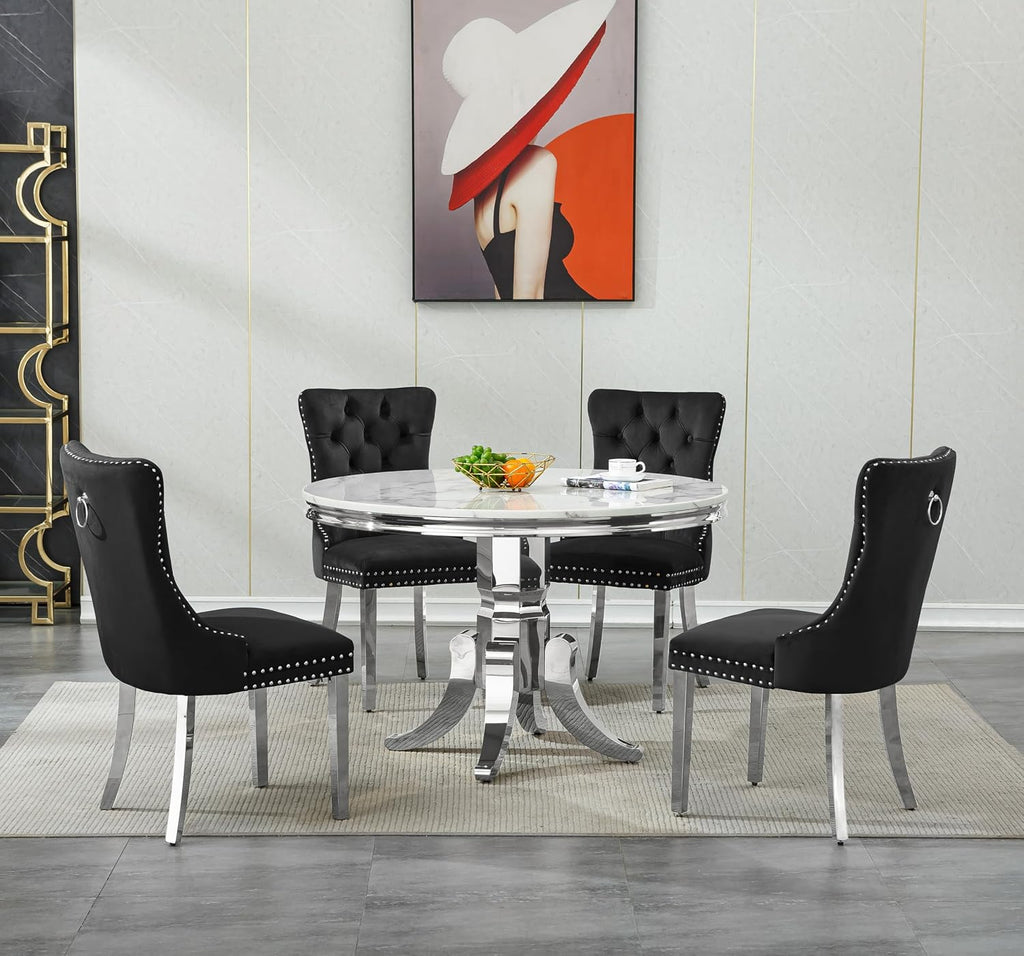 45 inch White Marble Round Dining Table for 4 to 6, Modern Round Dining Table with Faux Marble Top & Silver Stainless Steel Y Base, Luxury Marble Kitchen Dining Room Table for Dinette Party Gathering